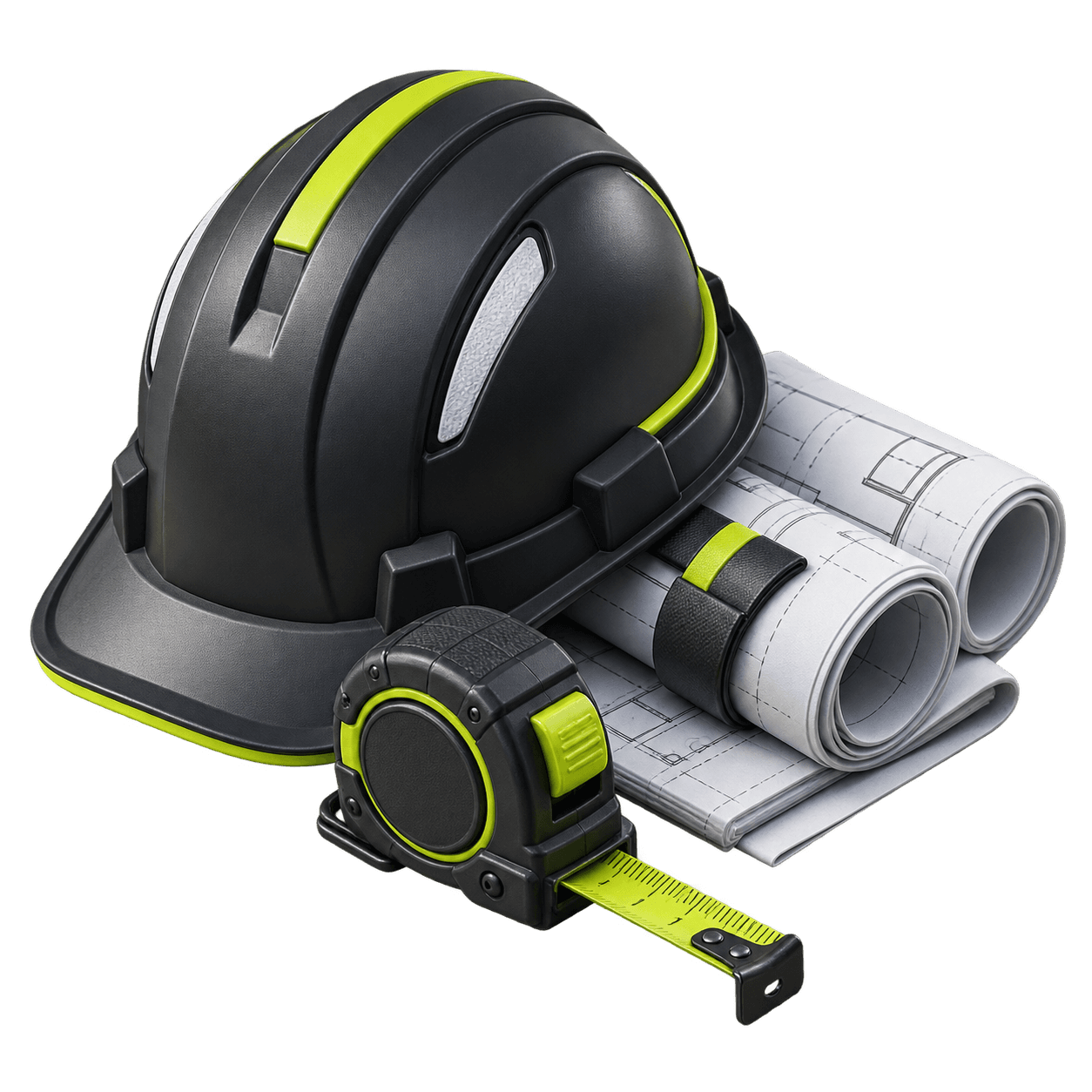 3D hard hat, plans, and tape measure for an active project