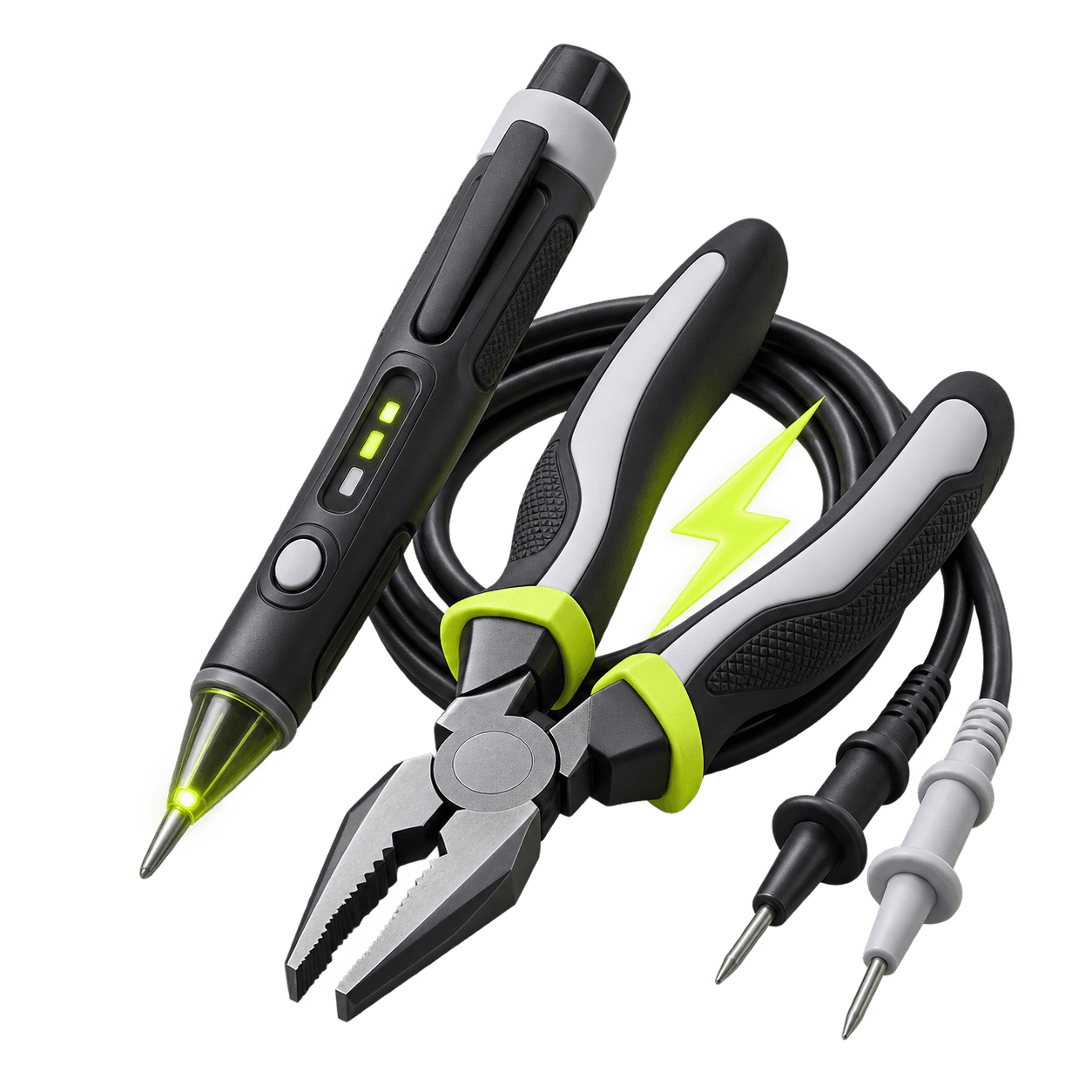 3D electrical tester, pliers, cable, and lightning bolt
