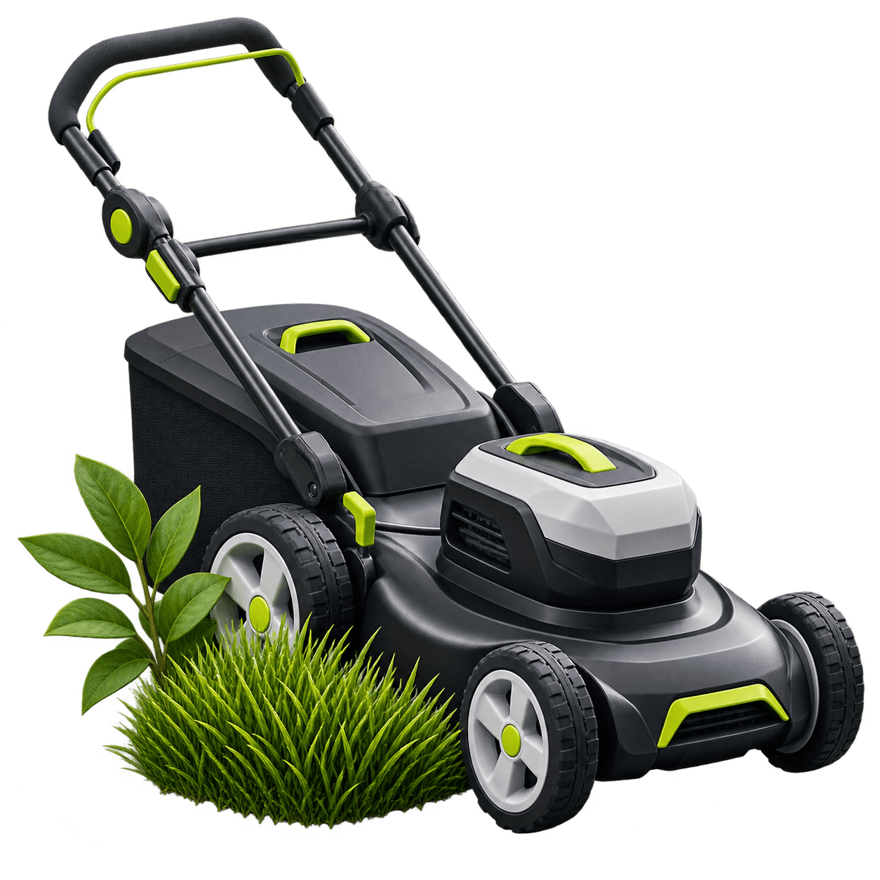 3D lawn mower with a grass and leaf detail