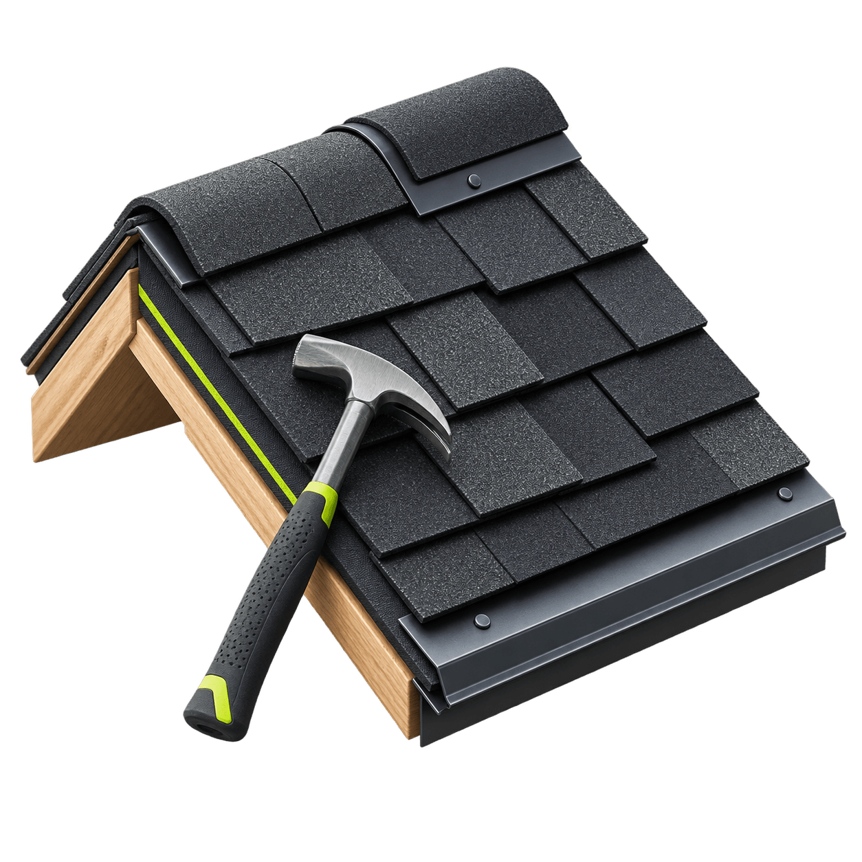 3D roof section with shingles and a roofing hammer